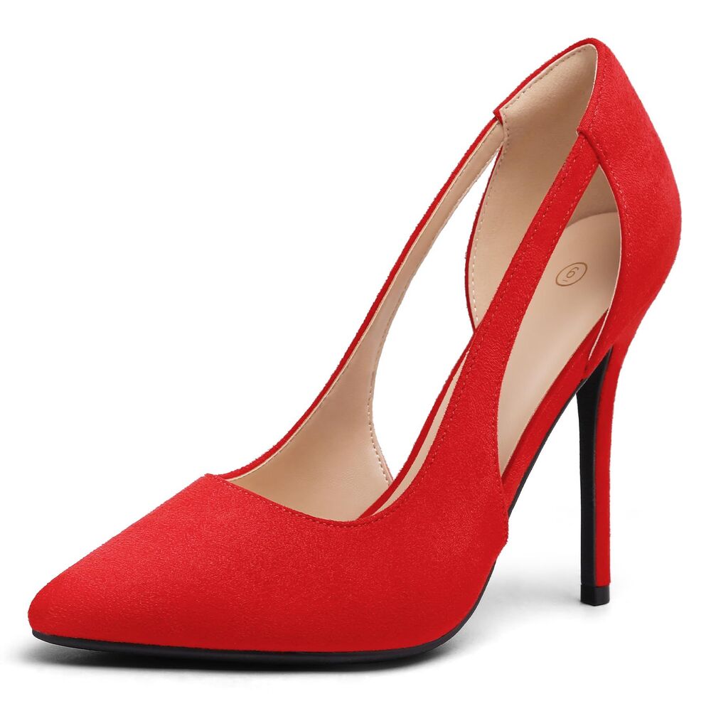Mysoft Women's 4" Cut Out Pointed Toe Stiletto Pumps Red Suede Size 7.5